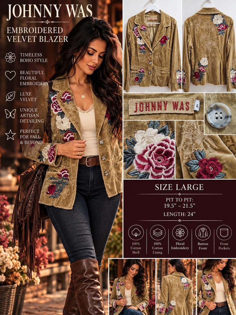 Johnny Was Embroidered Velvet Floral Blazer Jacket Tan Size L